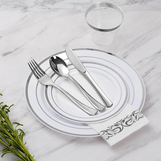 Goodluck 175 Pieces Silver Dinnerware Set for 25 Guests, Plastic Plates Disposable for Party, Include: 25 Silver Dinner Plates, 25 Dessert Plates, 25 Paper Napkins, 25 Cups, 25 Silverware Set