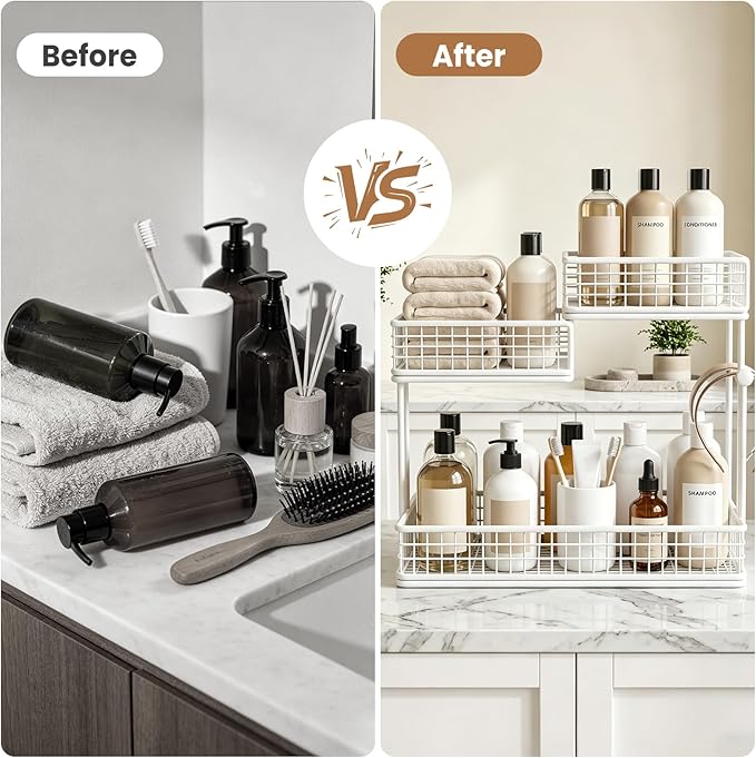 3-Tier Metal Bathroom Countertop Organizer, Makeup Organizer for Vanity Countertop, Bathroom Shelf for Skincare, Perfume & Cosmetics, Multipurpose Storage Rack for Kitchen, Bedroom & Office (White)