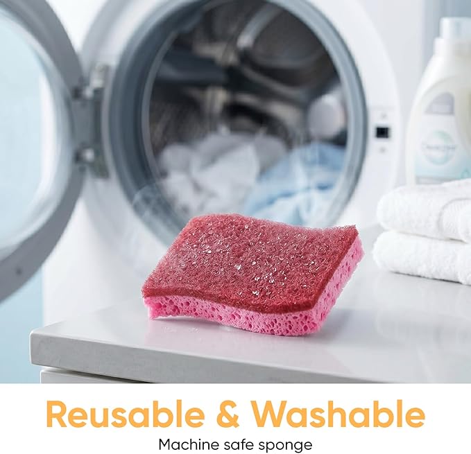Non-Scratch Cellulose Sponge Kitchen Scrub Sponge with Scouring Pad Set, Good for Non-Stick Cookware Frying Pan, Pot, Counter Top, Sink Scrubbing, Kitchen Scrubbers, Pack of 1, Red/Pink