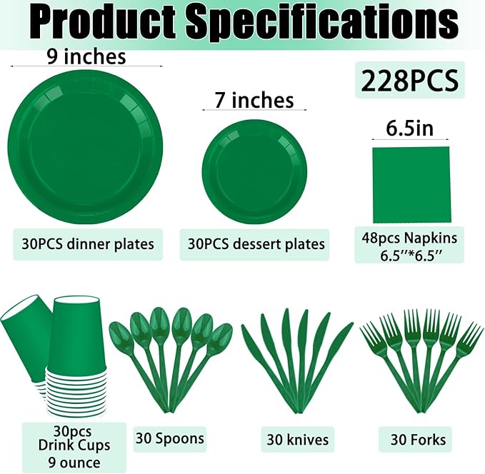 228PCS Green Party Supplies Set Include Paper Plates Cups Paper Napkins Plastic Spoons Forks Knives for 30 Guests Disposable Party Dinnerware for Birthday Wedding Family Picnic