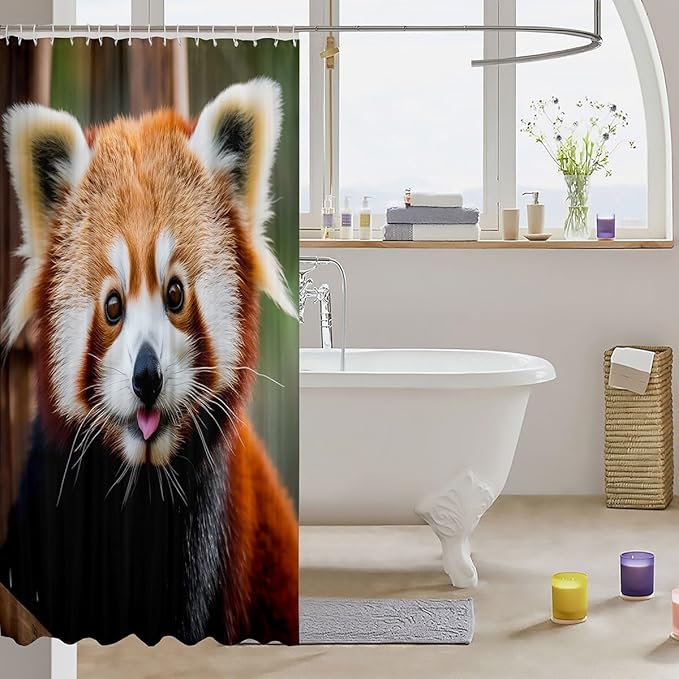 Feelyou Red Panda Fabric Bathroom Shower Curtain Cute Panda Waterproof Shower Curtains for Kids Boys Girls Wild Animal Decor Shower Curtain with Hooks Jungle Wildlife Style Curtain,72x72 Inches
