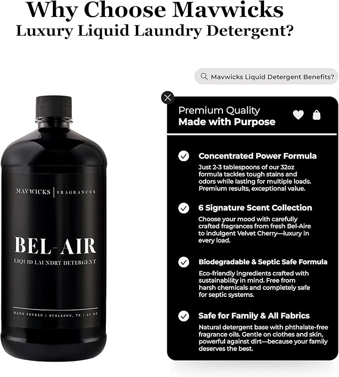Mavwicks - Laundry Liquid Detergent (Bel Air) - 32 Oz Laundry Perfume Bottle for Men & Women, Stain & Odor Remover, Deep Clean, Long-Lasting Fragrance and Freshness for All Fabrics
