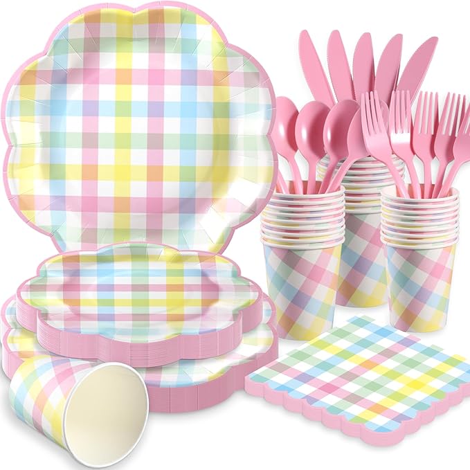175 Pcs Easter Checkered Plates and Napkins Party Supplies - Easter Paper Plates Sets Serve 25 Guests - Spring Pink Blue Yellow Pastel Plaid Plate for Picnic Easter Birthday Party Decorations