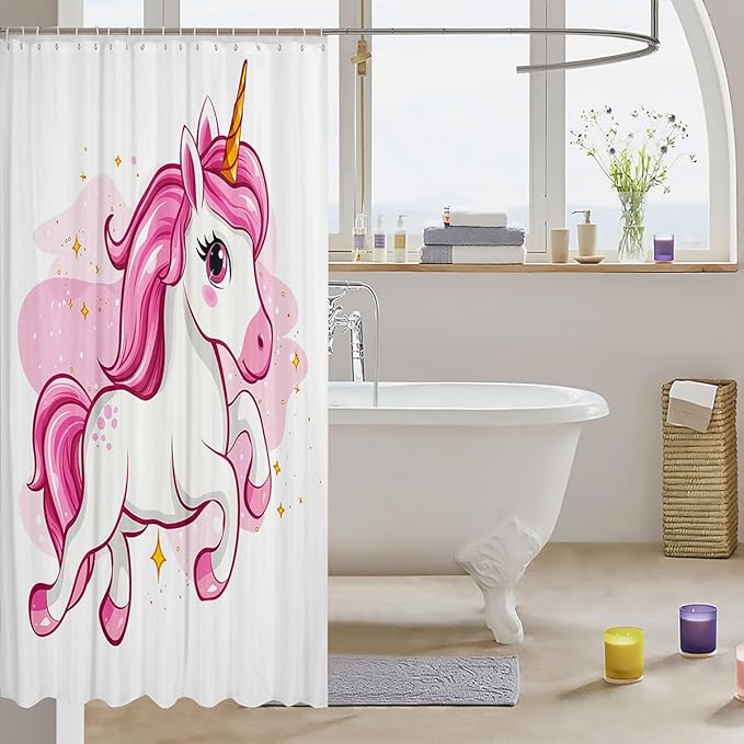 Pink Unicorn Shower Curtain Kawaii Bath Curtain 72"Wx78"L Cute Dreamy Horse Waterproof Shower Curtain for Kids Child,Cartoon Magical Animal Bathroom Accessories Princess Girls Decor Plain White