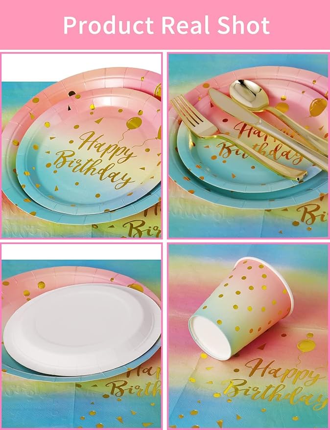 Nkaiso Birthday Party Tableware, 161 Pieces Rainbow gold Party Supplies, Party Dinnerware Sets Include Paper Plates Napkins Cups Silverware, for Shower Engagement Parties Decoration -20 Serves