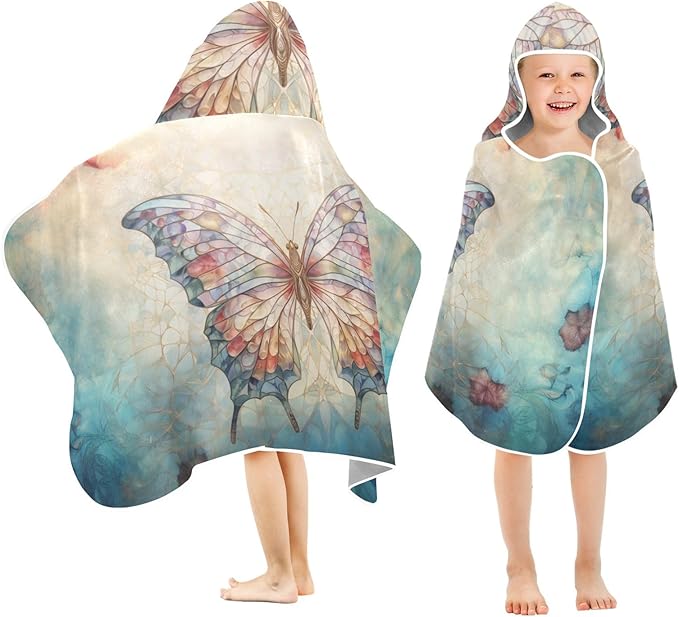 Hooded Towel for Kids Butterfly and Leaf Beach Wrap Bath Towels 50x23.5in