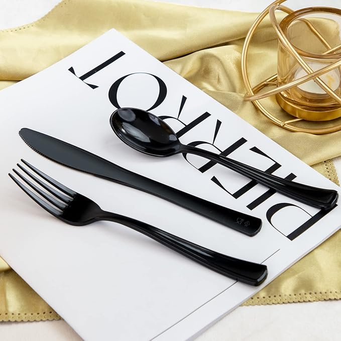 Liacere 150PCS Graduation Plastic Plates - Disposable Black and Gold, Graduation Party include 50Plates 25Knives 25Forks 25Spoons 25Cups
