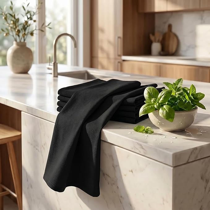 Urban Villa Kitchen Towels 100% Cotton Dish Towels for Kitchen(Set of 6) 20”x30” Dish Cloths Highly Absorbent Kitchen Linen Set with Hanging Loop Perfect for Drying Dishes Cleaning Hand Towels – Black