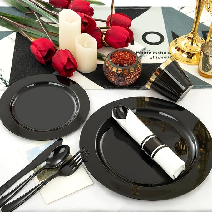 EI 350pcs Black Plastic Plates Disposable Heavy Duty Plastic Dinnerware Set Pre Silverware and Napkins Set Black and Gold Cups for Party Suit for Party,Wedding,Afternoon Tea,Spring,Valentine's Day