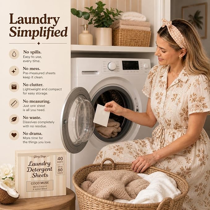 Glory Days Eco Laundry Detergent Sheets Coco Muse Scent – Enzyme-Powered, Plastic-Free, Gentle on Skin – 40 Sheets 80 Loads HE Compatible