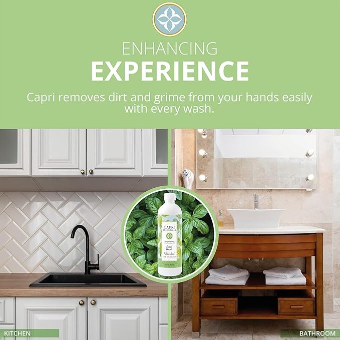 CAPRI ESSENTIALS Dish Soap Liquid, Natural Household Cleaning, Plant Based Aromatic Dish Detergent, Blend of Essential Oils with Almond Oil, Eucalyptus & Peppermint, Sweet Basil, 16 FL Oz (6 Pack)