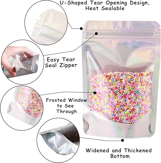 150 Pcs Mylar Bags for Food Storage, 4x6 Mylar Bag with Window Stand Up, Small Holographic Resealable Bags Smell Proof Bag Food Packaging for Small Business Freeze Dried Candy Jewelry Foil Packaging