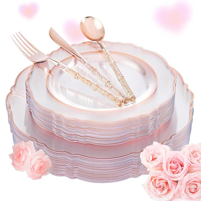 Liacere 150PCS Rose Gold Plastic Plates - Clear Rose Gold Disposable Plates with Glitter Bamboo Handle Cutlery - 60 Baroque Elegant Plates, 30 Forks, 30 Spoons, 30 Knives for Wedding ＆ Party