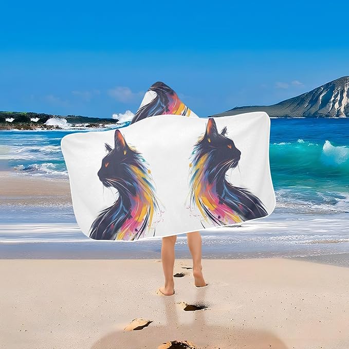 Hooded Towel for Kids Watercolor Colored Cat Beach Wrap Bath Towels 50x23.5in