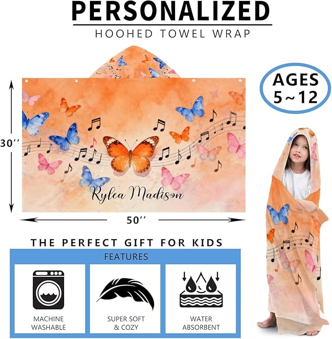 Music Butterfly Watercolor Personalized Hooded Towel Absorbent Wrap Soft Pool Beach Bath Towels Hood Poncho for 5-12 Years Kids Boys Girls