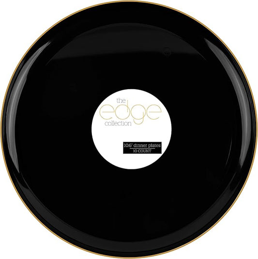 PLASTICPRO [30 Pack 10.6 Plastic Party Plates Edge Collection Black with Gold Rim Premium heavyweight Elegant Disposable Tableware Dishes (Black With Gold Rim,