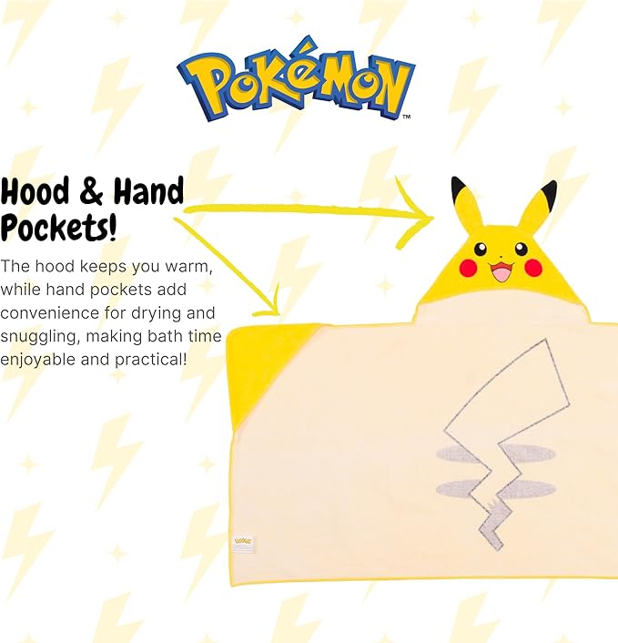 Pokemon Pikachu Kids Super Soft Bath/Pool/Beach Soft Cotton Terry Hooded Towel Wrap, 24 in x 50 in, (Officially Licensed Product) By Franco