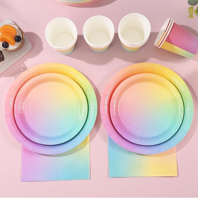 Rainbow Birthday Decorations for Girls, Pastel Rainbow Plates and Napkins 200Pcs, Girl Birthday Plates and Napkins, Easter Mother's Day Hawaiian Luau Colorful Pride Month, Serves 50