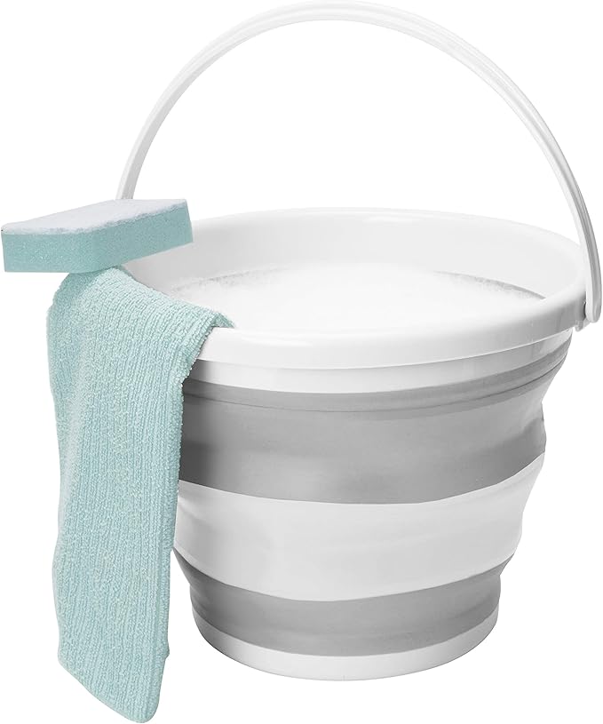 Simplify 10L Collapsible Bucket | Portable | Space Saver | Holds 10 Liters | Great for Cleaning | Boating | Camping Car Washing | Gardening | Cooler | White and Grey