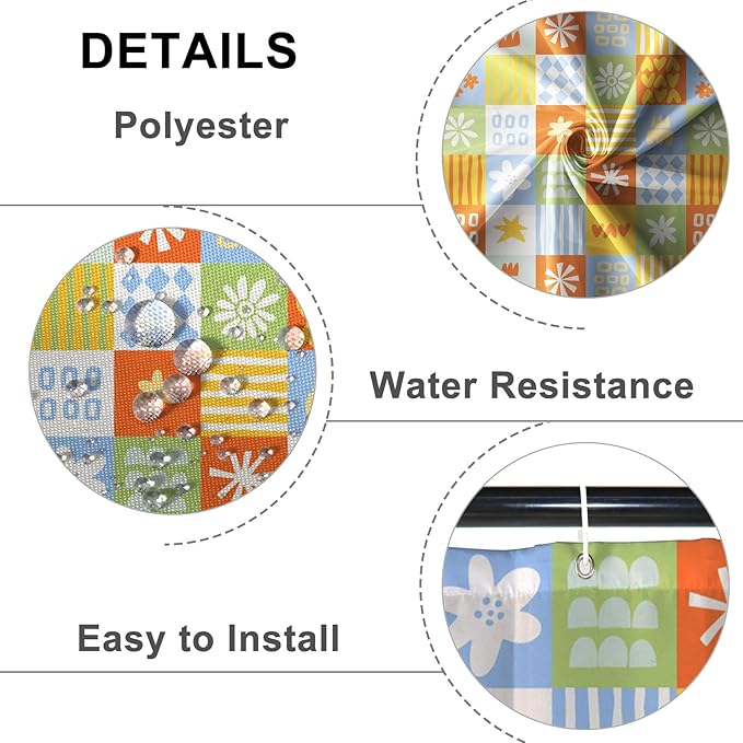 Boho Checkered Floral Shower Curtain Set Multicolored Geometric Flower Print Shower Curtains for Bathroom Waterproof Fabric Bathtub Decorations with Hooks 72x96 Inches