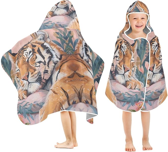 Hooded Towel for Kids Tiger Sleeping Soundly Beach Wrap Bath Towels 50x23.5in