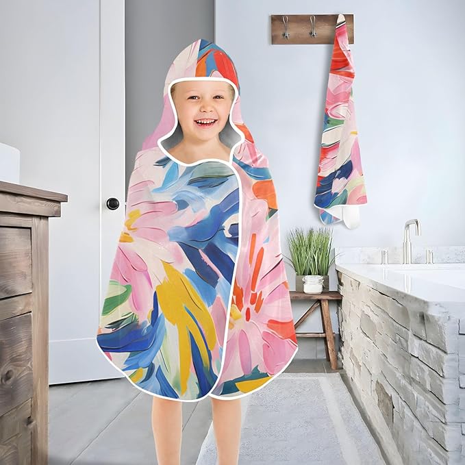Hooded Towel for Kids Artistic Floral Pattern Beach Wrap Bath Towels 50x23.5in