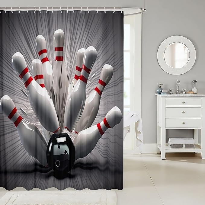 3D Bowling Ball Waterproof Shower Curtains Sports Theme Fabric Bathroom Shower Curtain Boys Girls Youth Modern Athlete Competitive Shower Curtain with Hooks Chic Ball Game Decor Curtain,72x72 Inches