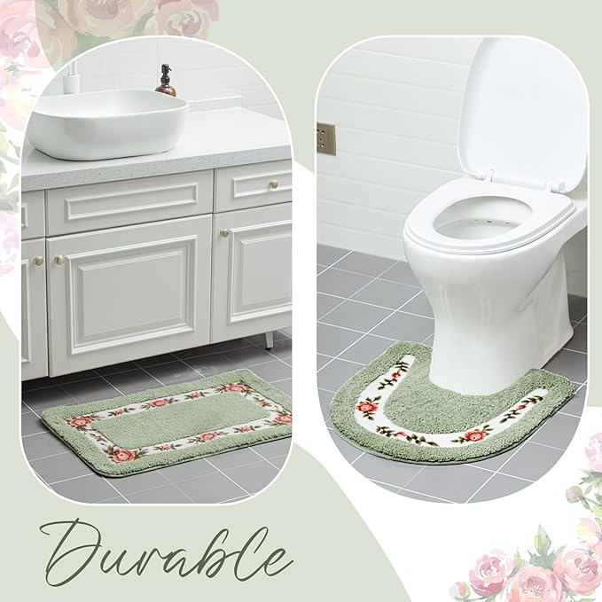 Drydiet 3 Pcs Rose Flowers Bathroom Rugs Set Coquette Room Decor Floral Carpet for Bathroom Bedroom Living Room, Floral Bath Mat Non Skid Romantic Rose Flower Area Rugs 3 Shapes(Green,Small)