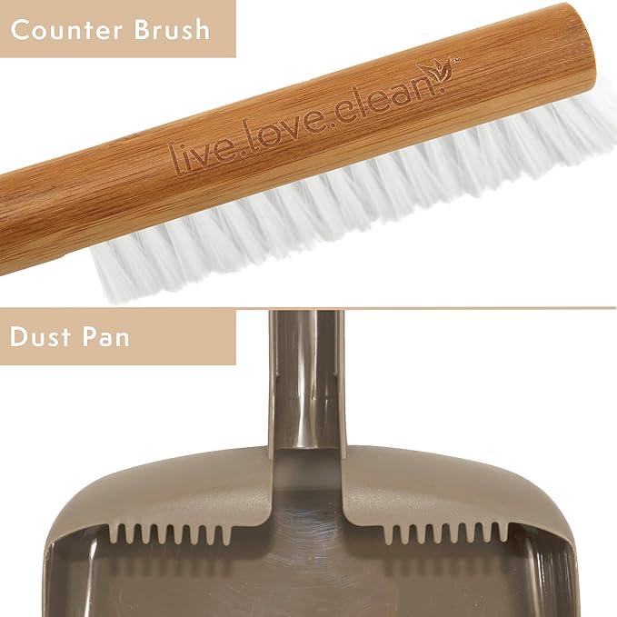 Harper Live.Love.Clean. Snap-Together Bamboo Counter Brush & Resin Dust Pan Set for Cleaning Dust, Pet Hair & Fine Dry Dirt