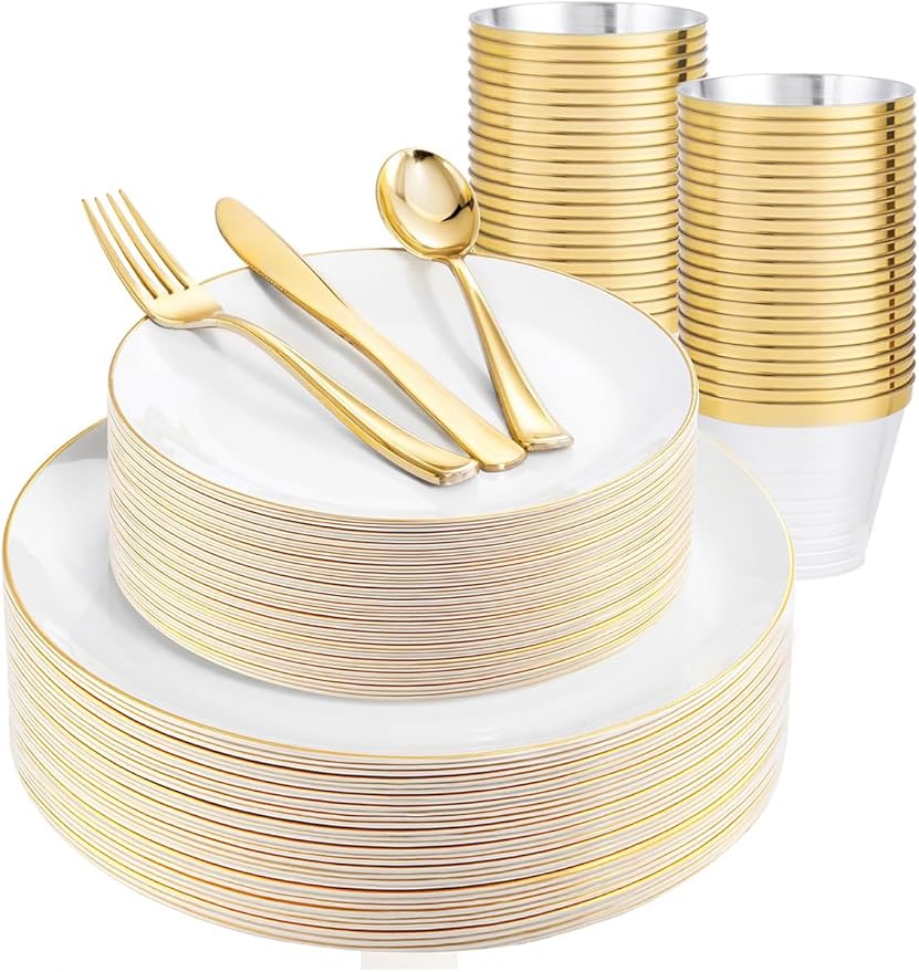 WDF 150Pcs White and Gold Plastic Plates - Gold Plates Disposable - 25 Guest Disposable Dinnerware Include 25 Dinner Plate 25 Dessert Plate 25 Cutlery 25 9oz Cups for Wedding/Birthday/Party
