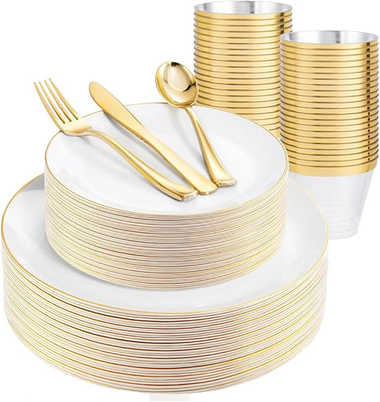 WDF 150Pcs White and Gold Plastic Plates - Gold Plates Disposable - 25 Guest Disposable Dinnerware Include 25 Dinner Plate 25 Dessert Plate 25 Cutlery 25 9oz Cups for Wedding/Birthday/Party