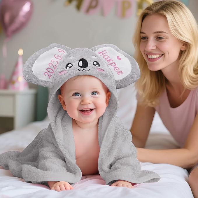 Baosity Custom Hooded Baby Towel with Name, Personalized Soft Absorbent Koala Bath Towel, Shower Towels for Girls Boys, Easter Brithday for Kids Baby, Toddler, Newborn Essential