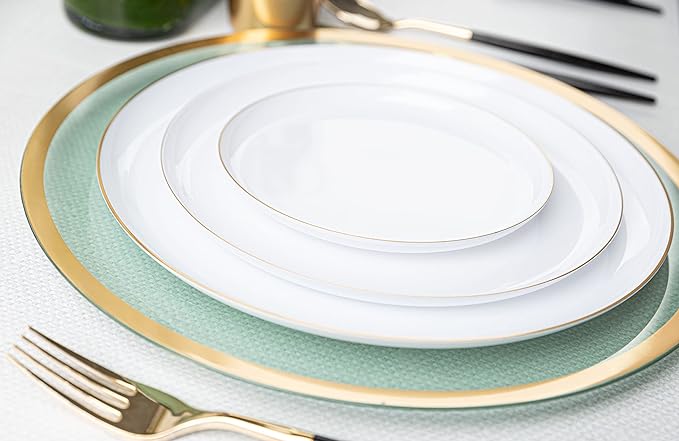 [30 Pack 6.3''] White Plastic Party Plates With Gold Rim Edge Collection Premium heavyweight Elegant Disposable Tableware Dishes