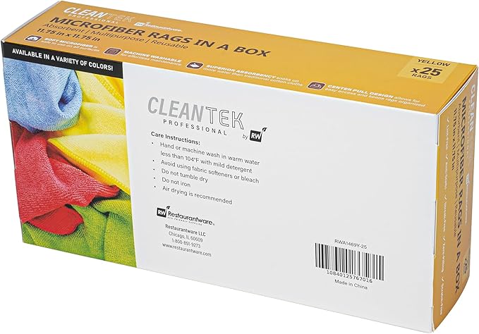 Restaurantware-Clean Tek Professional 11.81 x 11.81 Inch Microfiber Rags In a Box, 25 Absorbent Cleaning Cloths - No-Scratch, Yellow Microfiber Reusable Edgeless Cleaning Towels, Leaves No Streak