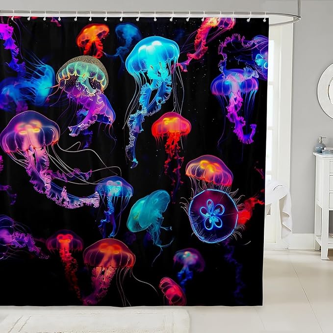 Erosebridal Jellyfish Printed Bath Curtain, Ocean Sealife Animal Bathroom Shower Curtain Colorful Jellyfish Shower Curtains, Bathroom Cloth Curtain Decor Waterproof with Hooks Polyester 72" W x 84" L