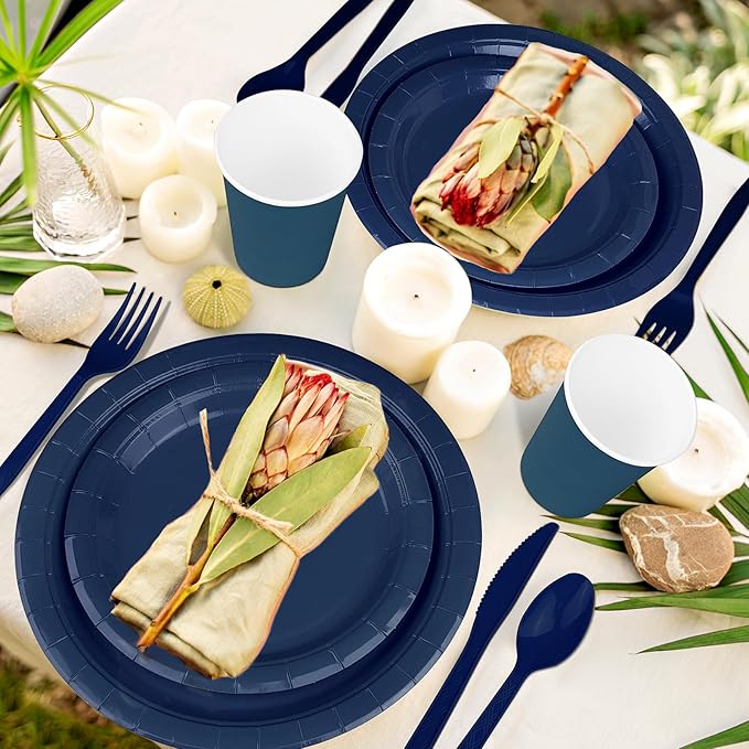228PCS Navy Blue Party Supplies Set Include Paper Plates Cups Paper Napkins Plastic Spoons Forks Knives for 30 Guests Disposable Party Dinnerware for Birthday Wedding Family Picnic