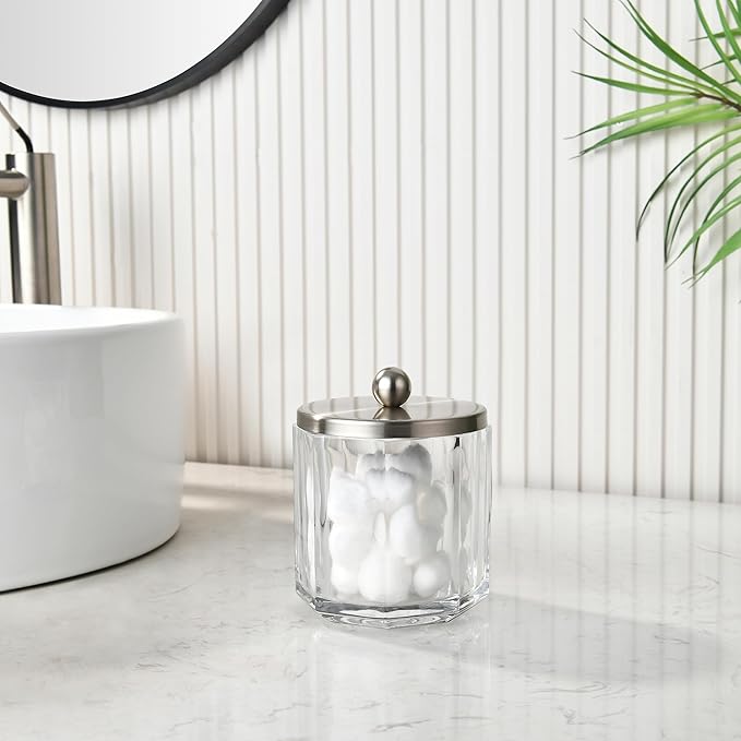 Clear Transparent Apothecary Octagional Shaped Glass Canister Jar With Satin Nickel Metal Lid Cover for Bathroom Organization, Cotton Balls, Q Tips, and Small Accessories, Bath Storage