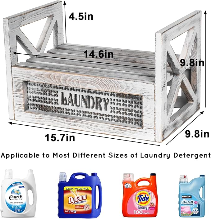 Laundry Detergent Holder with Drip Tray Catcher - Wooden Farmhouse Laundry Room Decor - Rustic Detergent Holder Accessories for New Home Storage, Space-Saving Organizers Decor Must Haves