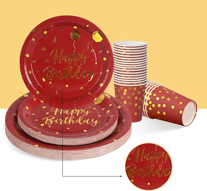 Nkaiso Birthday Plates Party Supplies Set, 161 PCS Burgundy Gold Disposable Party Tableware with Paper Plates Napkins Cups & Silverware, Elegant Birthday Party Plates for Adults, Serves 20