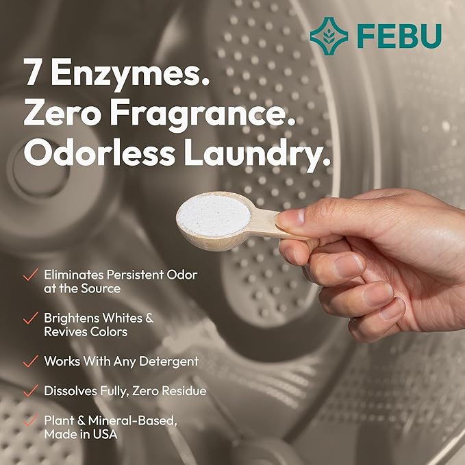 FEBU Enzyme Oxygen Laundry Booster | 7-Enzymes Including DNase | Odor Eliminator & Stain Remover for Sweat, Pet & Musty Odors | Concentrated Powder, Hypoallergenic, USA-Made | Fragrance Free, 2lbs