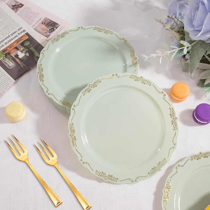 LIYH 100 Pcs Light Green Gold Plastic Dessert Plates with 100 Pcs Gold Dessert Plates, Disposable Sage Green Salad Plates, Includes: 100 Appetizer Plate 7.5" & 100 Golden Cake Forks 5"
