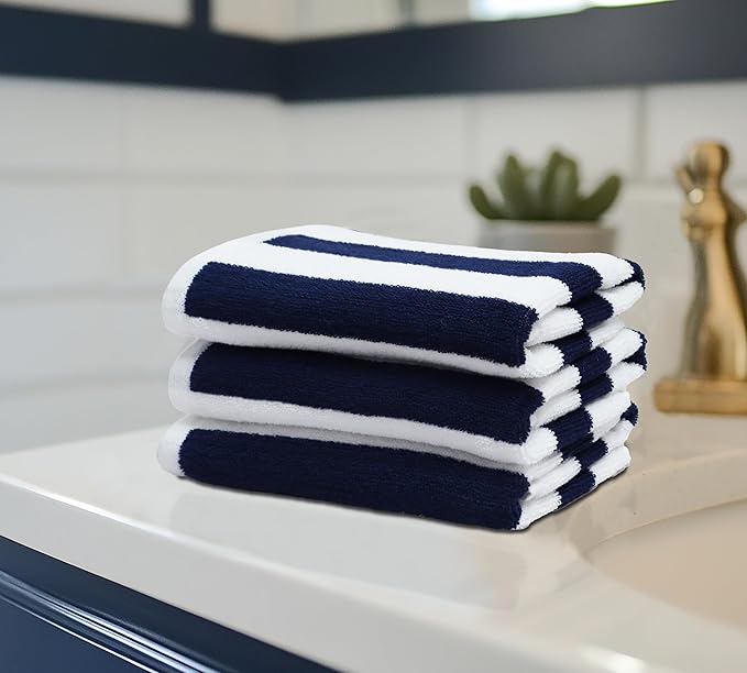 ORIGINAL KIDS Hand Towels - Set of 6 Cabana Stripe 100% Cotton Yarn Dyed Terry Hand Towels - Super Soft Quick Dry Easy Care Absorbent Towels for Bathroom Kitchen Toddlers Children - 16 x 27 - Navy