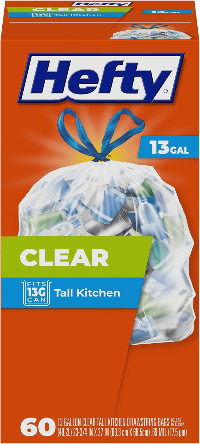 Hefty Clear Trash Bags,Clear,13 Gallon,60 Count (Pack of 6)
