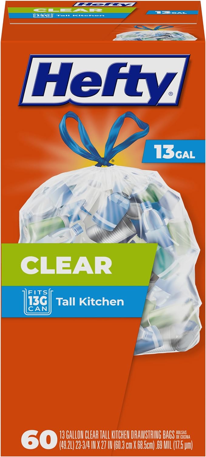 Hefty Recycling Trash Bags, Clear, 13 Gallon, 60 Count Packaging May Vary
