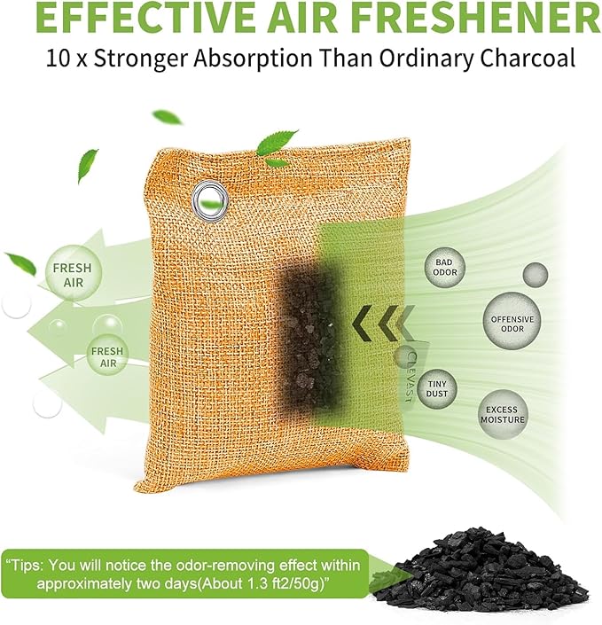 CLEVAST 16 Pack Activated Bamboo Charcoal Odor Absorber - Air Purifying Bags(8x100g, 8x50g), Natural Fresh Deodorizer and Moisture Eliminator for Home, Closet, Car Air freshener, Multicolor