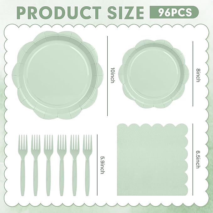 96 Pcs Sage Green Paper Plates and Napkins Set Party Supplies, Tableware set for 24 Guest include Disposable Sage Green Scalloped Plates, Napkins and Fork for Easter, Baby Shower,Wedding,Bridal shower