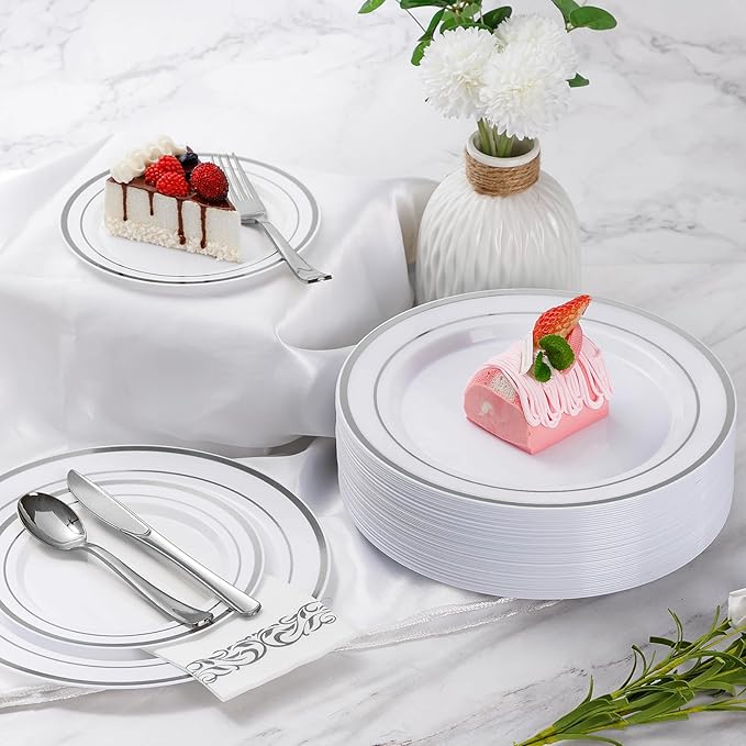 Goodluck 175 Pieces Silver Dinnerware Set for 25 Guests, Plastic Plates Disposable for Party, Include: 25 Silver Dinner Plates, 25 Dessert Plates, 25 Paper Napkins, 25 Cups, 25 Silverware Set