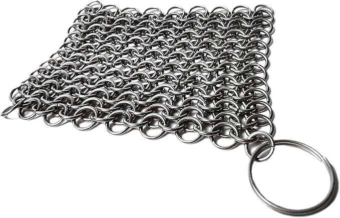 Mythrojan Cast Iron Scrubber 316 Stainless Steel Skillet Cleaner 3.9"x3.9" Chainmail Scrubber Chain Mail Scrub with Hanging Ring for Cast Iron Pre-Seasoned Pans, BBQ Grills Cookware Utensils Cleaning