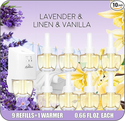 Plug in Air Freshener Kit with Warmer, 9 Refill Oils + 1 Diffuser in Lavender, Linen, Vanilla – Air Freshener for Home, 5.94 Fl Oz, Compatible with Air Wick & Glade, Not Include Glade Plus