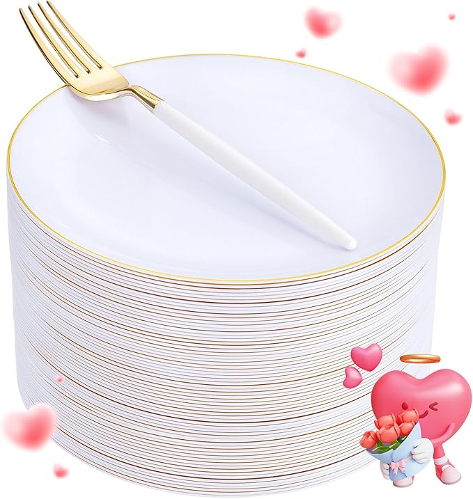 LIYH 96 Pcs White Gold Dessert Plates with Dessert Forks, 48 Plates and 48 Forks, Gold Cake Appetizer Plastic Disposable Plates for Tea Parties, Birthdays, Wedding, Mother's Day